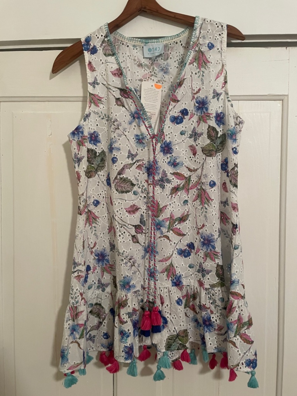 New Taj by Sabrina Blue Floral Eyelet Tassel Top size Small